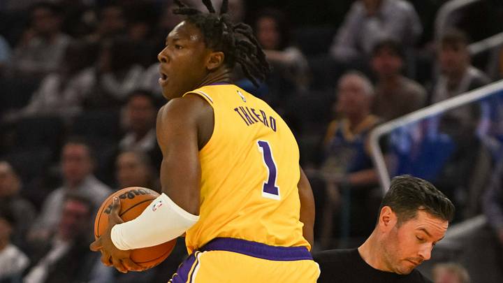 Oct 6, 2026; San Francisco, California, USA; Los Angeles Lakers guard Adou Thiero (1) attempts to save the ball from going out of bounds during the first quarter of the game against the Golden State Warriors at Chase Center. Mandatory Credit: Ed Szczepanski-Imagn Images Oct 6, 2026; San Francisco, California, USA; Los Angeles Lakers guard Adou Thiero (1) attempts to save the ball from going out of bounds during the first quarter of the game against the Golden State Warriors at Chase Center. Mandatory Credit: Ed Szczepanski-Imagn Images