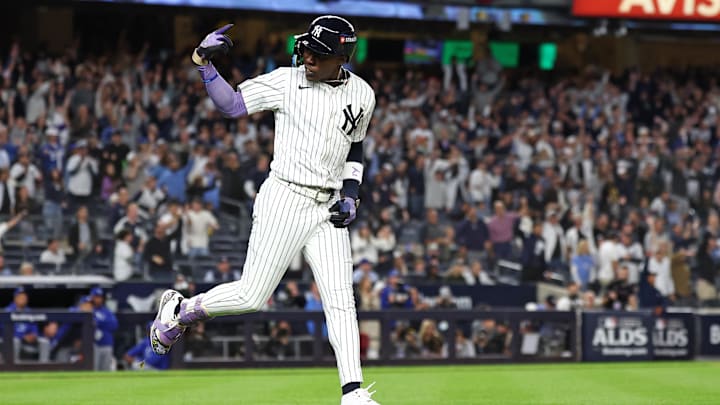 Oct 7, 2024; Bronx, New York, USA; New York Yankees third base Jazz Chisholm Jr. (13) reacts after hitting a home run against the Kansas City Royals in the ninth inning during game two of the ALDS for the 2024 MLB Playoffs at Yankee Stadium. Mandatory Credit: Vincent Carchietta-Imagn Images Oct 7, 2024; Bronx, New York, USA; New York Yankees third base Jazz Chisholm Jr. (13) reacts after hitting a home run against the Kansas City Royals in the ninth inning during game two of the ALDS for the 2024 MLB Playoffs at Yankee Stadium. Mandatory Credit: Vincent Carchietta-Imagn Images
