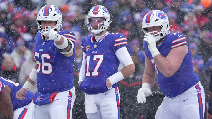 Buffalo Bills center Connor McGovern, Buffalo Bills quarterback Josh Allen and Buffalo Bills guard David Edwards get ready to line up during first half action at Highmark Stadium in Orchard Park on Dec. 7, 2025.