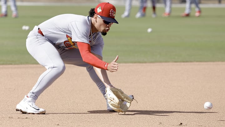 Feb 16, 2026; Jupiter, FL, USA; St. Louis Cardinals shortstop Masyn Winn (0) fields a ground ball during spring training workouts at Roger Dean Stadium. Mandatory Credit: Reinhold Matay-Imagn Images Feb 16, 2026; Jupiter, FL, USA; St. Louis Cardinals shortstop Masyn Winn (0) fields a ground ball during spring training workouts at Roger Dean Stadium. Mandatory Credit: Reinhold Matay-Imagn Images