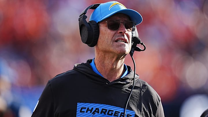Los Angeles Chargers head coach Jim Harbaugh during the second half against the Denver Broncos at Empower Field at Mile High. 