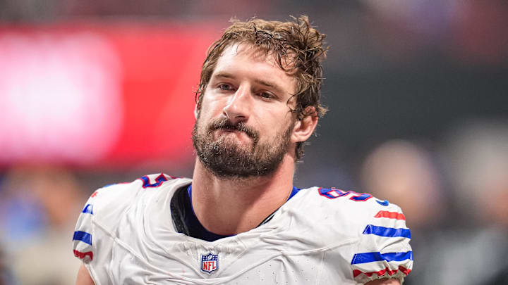 Oct 13, 2025; Atlanta, Georgia, USA; Buffalo Bills defensive end Joey Bosa (97) on the field against the Atlanta Falcons at Mercedes-Benz Stadium. Mandatory Credit: Dale Zanine-Imagn Images