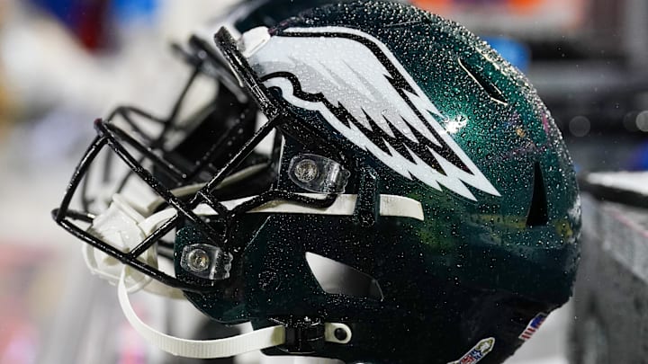 Nov 20, 2023; Kansas City, Missouri, USA; A general view of a Philadelphia Eagles helmet against the Kansas City Chiefs prior to a game at GEHA Field at Arrowhead Stadium. Mandatory Credit: Denny Medley-Imagn Images