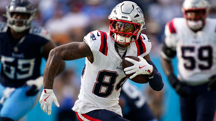 New England Patriots wide receiver Kendrick Bourne (84) runs the ball against the Tennessee Titans during the fourth quarter at Nissan Stadium in Nashville, Tenn., Sunday, Nov. 3, 2024.