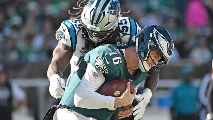 Oct 18, 2026; Philadelphia, Pennsylvania, USA; Philadelphia Eagles quarterback Tanner McKee (16) is sacked by Carolina Panthers linebacker Devin Lloyd (55) during the first half at Lincoln Financial Field. Mandatory Credit: Eric Hartline-Imagn Images Oct 18, 2026; Philadelphia, Pennsylvania, USA; Philadelphia Eagles quarterback Tanner McKee (16) is sacked by Carolina Panthers linebacker Devin Lloyd (55) during the first half at Lincoln Financial Field. Mandatory Credit: Eric Hartline-Imagn Images