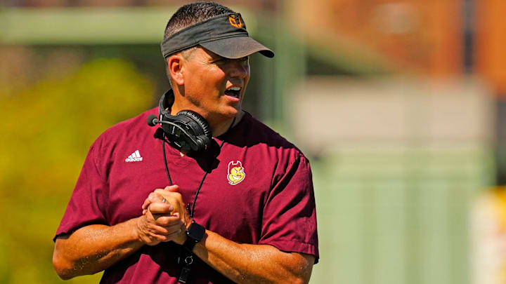Arizona State defensive coordinator Brian Ward runs a drill for his secondary during the first day of fall practice in Tempe, Ariz. on July 30, 2025.