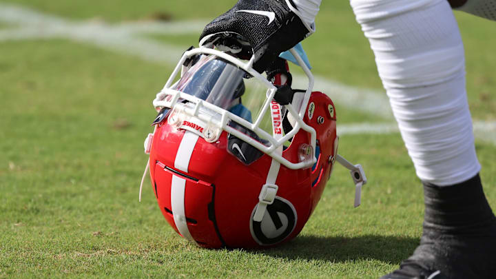Oct 28, 2023; Jacksonville, Florida, USA; A detail view of a Georgia Bulldogs helmet prior to the game against the Florida Gators at EverBank Stadium. Mandatory Credit: Kim Klement Neitzel-Imagn Images