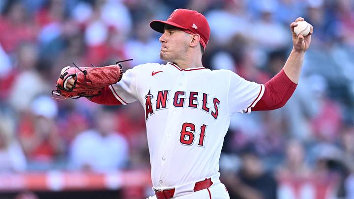 Jun 12, 2026; Anaheim, California, USA; Los Angeles Angels pitcher Sam Aldegheri (61) delivers during the first inning against the Tampa Bay Rays at Angel Stadium. Mandatory Credit: William Liang-Imagn Images Jun 12, 2026; Anaheim, California, USA; Los Angeles Angels pitcher Sam Aldegheri (61) delivers during the first inning against the Tampa Bay Rays at Angel Stadium. Mandatory Credit: William Liang-Imagn Images