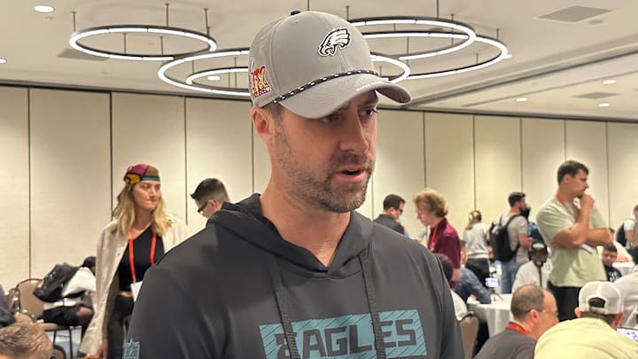 Eagles' Kevin Patullo talks during media availability at Super Bowl LIX.