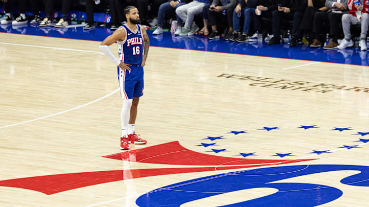 Oct 23, 2024; Philadelphia, Pennsylvania, USA; Philadelphia 76ers forward Caleb Martin (16) looks on against the Milwaukee Bucks during the fourth quarter at Wells Fargo Center. Mandatory Credit: Bill Streicher-Imagn Images