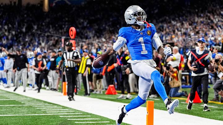 Detroit Lions wide receiver Jameson Williams (1) runs for a touchdown against Green Bay Packers during the first half at Ford Field in Detroit on Thursday, Nov. 27, 2025. Detroit Lions wide receiver Jameson Williams (1) runs for a touchdown against Green Bay Packers during the first half at Ford Field in Detroit on Thursday, Nov. 27, 2025.