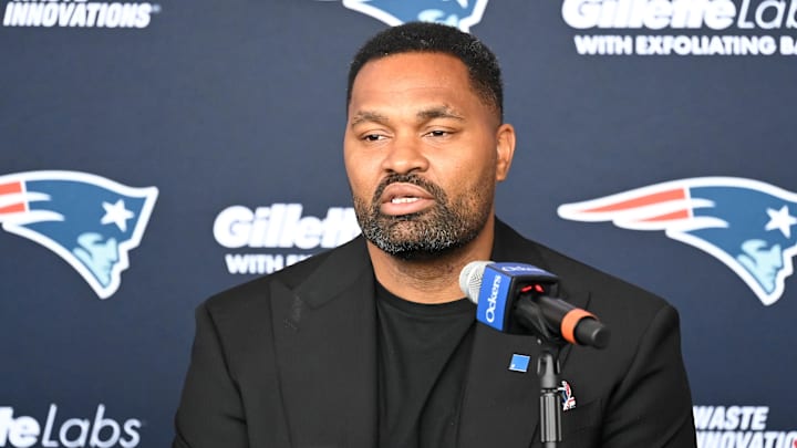 Jan 17, 2024; Foxborough, MA, USA; New England Patriots head coach Jerod Mayo addresses media