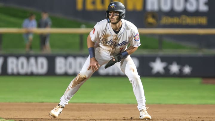 Amarillo Sod Poodles    Caleb Roberts (7) leads off first base in a Texas League Championship game against the Arkansas Travelers, Tuesday night, September 26, 2023, at Hodgetown, in Amarillo, Texas. The Arkansas Travelers won 6-5.