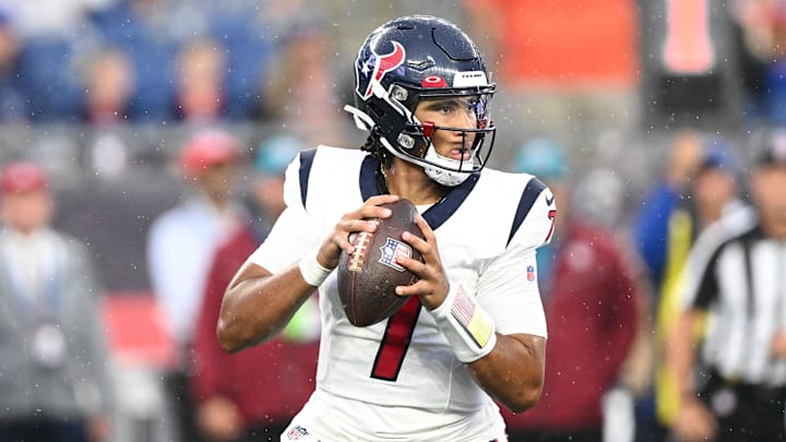Aug 10, 2023; Foxborough, Massachusetts, USA; Houston Texans quarterback C.J. Stroud (7) looks to