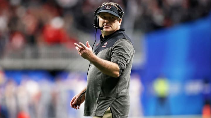 Dec 31, 2022; Atlanta, Georgia, USA; Georgia Bulldogs head coach Kirby Smart looks on against the Ohio State Buckeyes during the second half of the 2022 Peach Bowl at Mercedes-Benz Stadium. Mandatory Credit: Brett Davis-Imagn Images