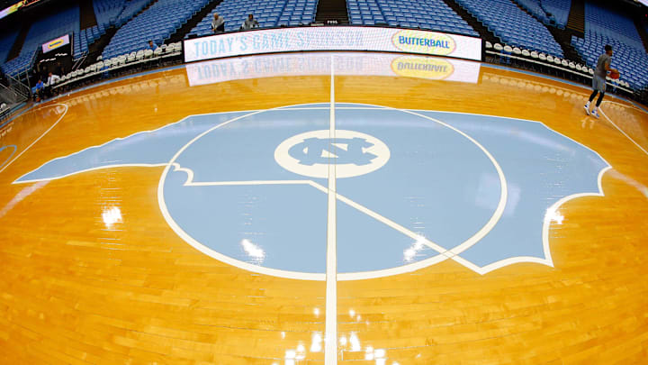 Dec 6, 2017; Chapel Hill, NC, USA; A general view of the logo on the court prior to the game between the North Carolina Tar Heels and the Western Carolina Catamounts at Dean E. Smith Center. Mandatory Credit: Jeremy Brevard-Imagn Images