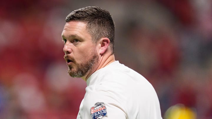 Oregon head coach Dan Lanning takes the field as the Oregon Ducks face the Indiana Hoosiers in the Peach Bowl at Mercedes-Benz Stadium in Atlanta, Georgia.