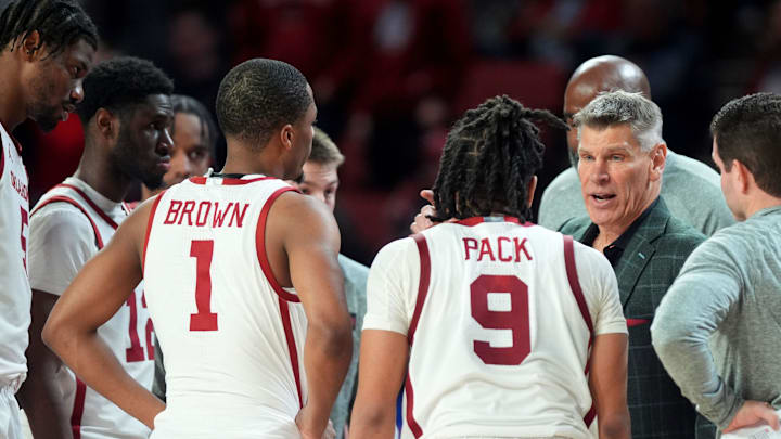 Oklahoma head men's basketball coach Porter Moser talks to the team during a time out in the second half against the Alabama Crimson Tide, Saturday Jan. 17, 2026. Oklahoma head men's basketball coach Porter Moser talks to the team during a time out in the second half against the Alabama Crimson Tide, Saturday Jan. 17, 2026.