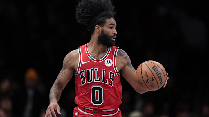Jan 16, 2026; Brooklyn, New York, USA; Chicago Bulls guard Coby White (0) dribbles up court against the Brooklyn Nets during the second half at Barclays Center. 