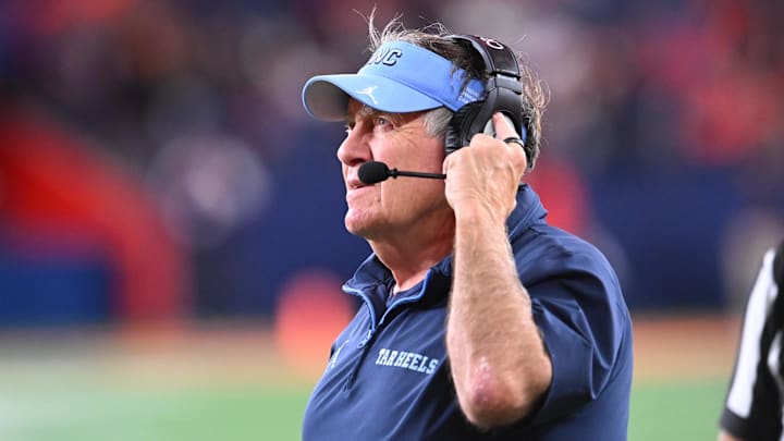 Oct 31, 2025; Syracuse, New York, USA; North Carolina Tar Heels head coach Bill Belichick looks to the clock in the fourth quarter game against the Syracuse Orange at the JMA Wireless Dome. Mandatory Credit: Mark Konezny-Imagn Images