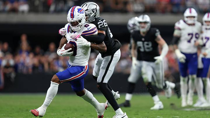 Oct 18, 2026; Paradise, Nevada, USA;  Buffalo Bills wide receiver Keon Coleman (0) is tackled after a catch by Las Vegas Raiders cornerback Darien Porter (26) in the fourth quarter at Allegiant Stadium.  Mandatory Credit: David Brytus-Imagn Images
