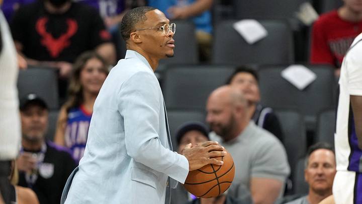 Apr 5, 2026; Sacramento, California, USA; Sacramento Kings guard Russell Westbrook (center) fakes a shot attempt after catching the ball after it was knocked out of bounds during the fourth quarter against the LA Clippers at Golden 1 Center. Mandatory Credit: Darren Yamashita-Imagn Images Apr 5, 2026; Sacramento, California, USA; Sacramento Kings guard Russell Westbrook (center) fakes a shot attempt after catching the ball after it was knocked out of bounds during the fourth quarter against the LA Clippers at Golden 1 Center. Mandatory Credit: Darren Yamashita-Imagn Images