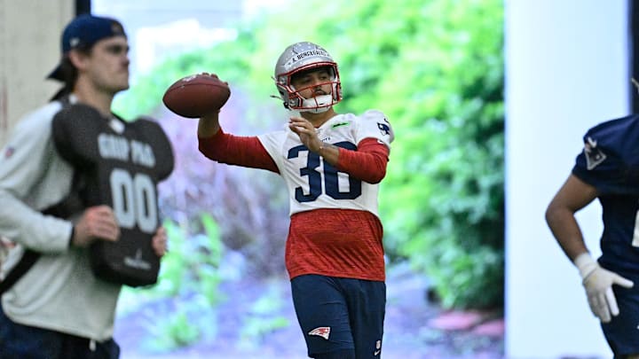 May 9, 2025; Foxborough, MA, USA; New England Patriots place kicker Andres Borregales (36) practices during rookie camp at Gillette Stadium. Mandatory Credit: Eric Canha-Imagn Images