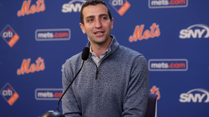 Jul 30, 2024; New York City, New York, USA; New York Mets president of baseball operations David Stearns speaks to the media about the MLB trade deadline before a game against the Minnesota Twins at Citi Field. Mandatory Credit: Brad Penner-Imagn Images