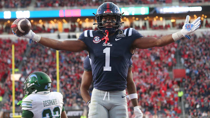 Dec 20, 2025; Oxford, MS, USA; Mississippi Rebels wide receiver De'Zhaun Stribling (1) reacts after catching a touchdown against the Tulane Green Wave during the second half of a game at Vaught-Hemingway Stadium.