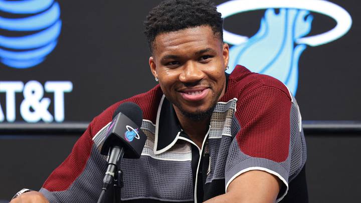 Miami Heat forward Giannis Antetokounmpo (7) speaks to reporters (Mandatory Credit: Sam Navarro-Imagn Images)