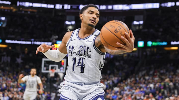 Orlando Magic guard Gary Harris (14) goes to the basket during the second half against the Detroit Pistons at Kia Center.