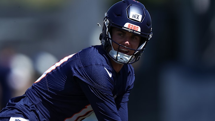 May 23, 2024; Englewood, CO, USA; Denver Broncos quarterback Bo Nix (10) during organized team activities at Centura Health Training Center. Mandatory Credit: Isaiah J. Downing-USA TODAY Sports