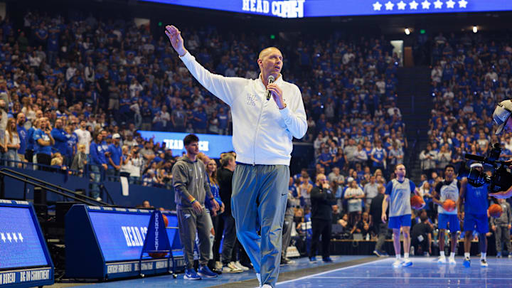 Oct 11, 2024; Lexington, KY, USA; Kentucky Wildcats head coach Mark Pope talks to the crowd during Big Blue Madness at Rupp Arena at Central Bank Center. Mandatory Credit: Jordan Prather-Imagn Images