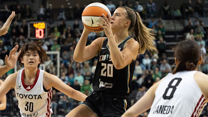 Sabrina Ionescu with the New York Liberty shots over defenders from the Toyota Antelopes during the first half at Matthew Knight Arena May 12, 2025 in Eugene.
