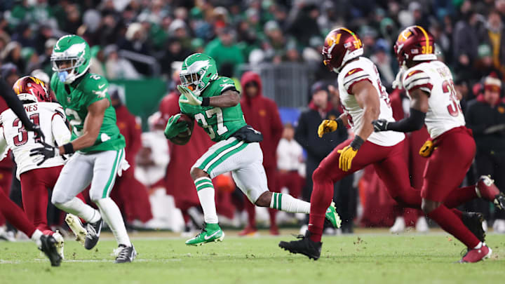 Jan 4, 2026; Philadelphia, Pennsylvania, USA; Philadelphia Eagles running back Tank Bigsby (37) rushes during the third quarter against the Washington Commanders at Lincoln Financial Field. Mandatory Credit: Bill Streicher-Imagn Images