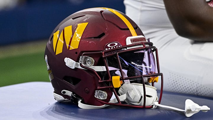 Nov 23, 2023; Arlington, Texas, USA; A view of a Washington Commanders helmet during the game between the Dallas Cowboys and the Washington Commanders at AT&T Stadium. Mandatory Credit: Jerome Miron-Imagn Images