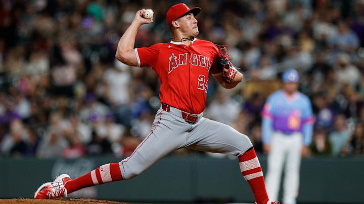 Sep 19, 2025; Denver, Colorado, USA; Los Angeles Angels relief pitcher Robert Stephenson (24) pitches in the seventh inning against the Colorado Rockies at Coors Field. Mandatory Credit: Isaiah J. Downing-Imagn Images Sep 19, 2025; Denver, Colorado, USA; Los Angeles Angels relief pitcher Robert Stephenson (24) pitches in the seventh inning against the Colorado Rockies at Coors Field. Mandatory Credit: Isaiah J. Downing-Imagn Images