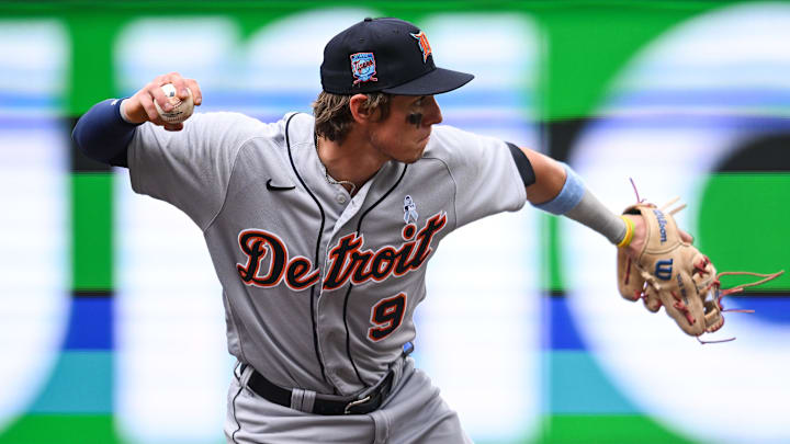 Jun 18, 2023; Minneapolis, Minnesota, USA; Detroit Tigers third baseman Nick Maton (9) makes a putout during the fourth inning against the Minnesota Twins at Target Field. Mandatory Credit: Jeffrey Becker-Imagn Images