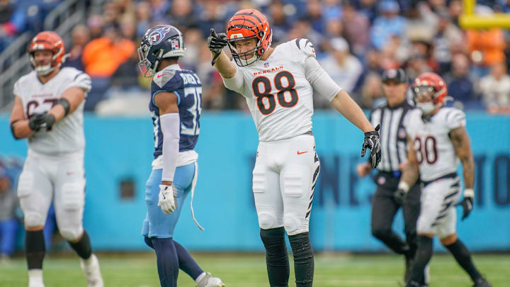 Cincinnati Bengals tight end Mike Gesicki (88) reacts to his acrobatic first down catch during the first quarter at Nissan Stadium in Nashville, Tenn., Sunday, Dec. 15, 2024. Cincinnati Bengals tight end Mike Gesicki (88) reacts to his acrobatic first down catch during the first quarter at Nissan Stadium in Nashville, Tenn., Sunday, Dec. 15, 2024.