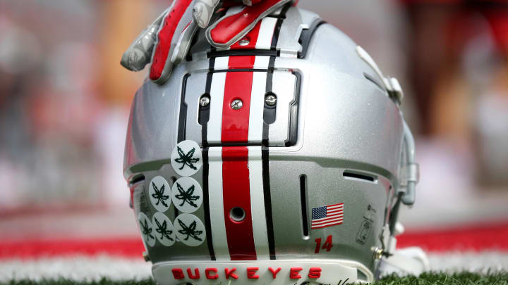 Sep 7, 2019; Columbus, OH, USA; Ohio State Buckeyes helmet before the game against the Cincinnati Bearcats at Ohio Stadium. Mandatory Credit: Joe Maiorana-USA TODAY Sports