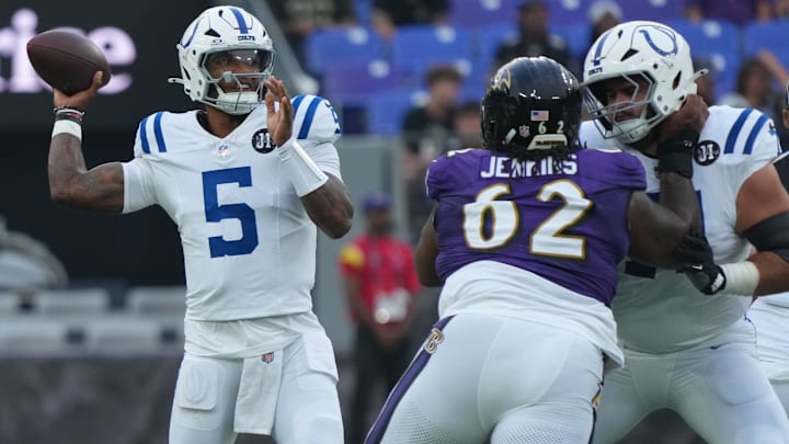 Aug 7, 2025; Baltimore, Maryland, USA; Indianapolis Colts quarterback Anthony Richardson Sr. (5) looks to pass during the first quarter pressured by Baltimore Ravens nose tackle John Jenkins (62) at M&T Bank Stadium. Mandatory Credit: Mitch Stringer-Imagn Images Aug 7, 2025; Baltimore, Maryland, USA; Indianapolis Colts quarterback Anthony Richardson Sr. (5) looks to pass during the first quarter pressured by Baltimore Ravens nose tackle John Jenkins (62) at M&T Bank Stadium. Mandatory Credit: Mitch Stringer-Imagn Images