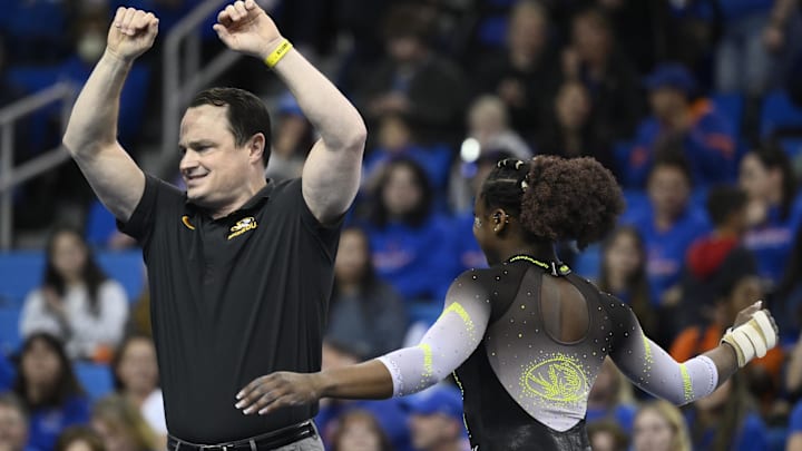 Mar 30, 2023; Los Angeles, CA, USA; Missouri coach Shannon Welker and Amari Celestine celebrate at the end of her floor exercise routine during the NCAA Women's Gymnastics Los Angeles Regional at Pauley Pavilion. Mandatory Credit: Robert Hanashiro-Imagn Images Mar 30, 2023; Los Angeles, CA, USA; Missouri coach Shannon Welker and Amari Celestine celebrate at the end of her floor exercise routine during the NCAA Women's Gymnastics Los Angeles Regional at Pauley Pavilion. Mandatory Credit: Robert Hanashiro-Imagn Images