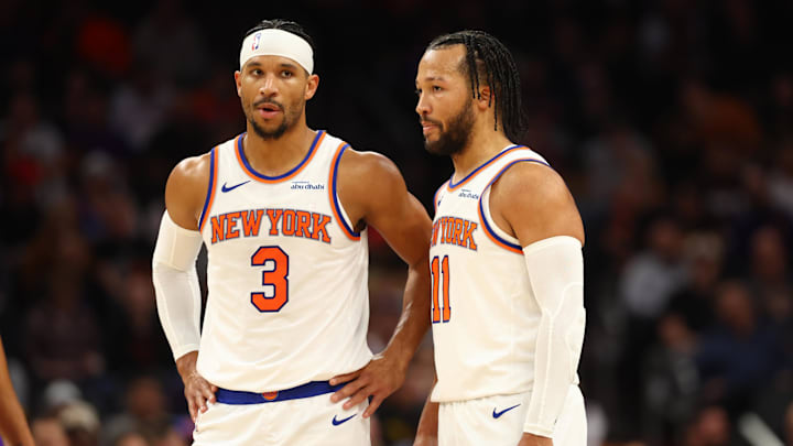 Nov 20, 2024; Phoenix, Arizona, USA; New York Knicks guard Josh Hart (3) and guard Jalen Brunson (11) against the Phoenix Suns at Footprint Center. Mandatory Credit: Mark J. Rebilas-Imagn Images