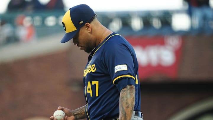 Sep 12, 2024; San Francisco, California, USA; Milwaukee Brewers starting pitcher Frankie Montas (47) between pitches against the San Francisco Giants during the first inning at Oracle Park. Mandatory Credit: Kelley L Cox-Imagn Images Sep 12, 2024; San Francisco, California, USA; Milwaukee Brewers starting pitcher Frankie Montas (47) between pitches against the San Francisco Giants during the first inning at Oracle Park. Mandatory Credit: Kelley L Cox-Imagn Images