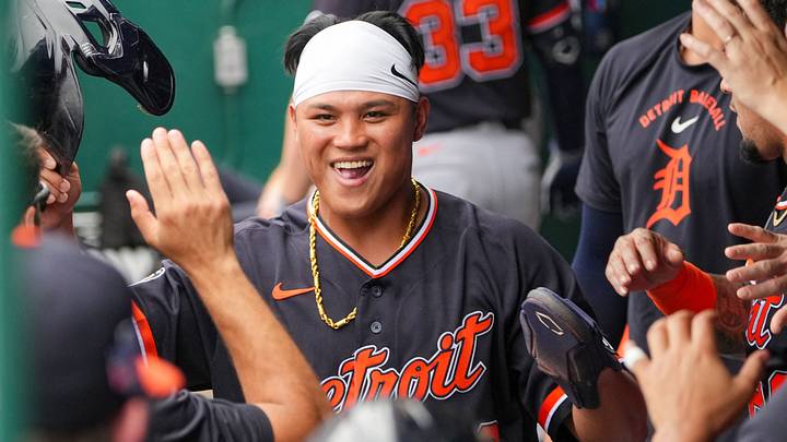 Detroit Tigers third baseman Hao-Yu Lee (50) celebrates in the dugout after scoring. Credit: Denny Medley-Imagn Images Detroit Tigers third baseman Hao-Yu Lee (50) celebrates in the dugout after scoring. Credit: Denny Medley-Imagn Images