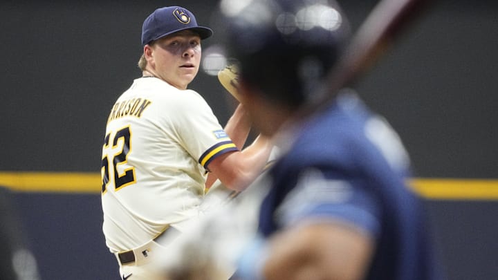 Mar 30, 2026; Milwaukee, Wisconsin, USA; Milwaukee Brewers pitcher Kyle Harrison (52) delivers a pitch against the Tampa Bay Rays in the first inning at American Family Field. Mandatory Credit: Michael McLoone-Imagn Images