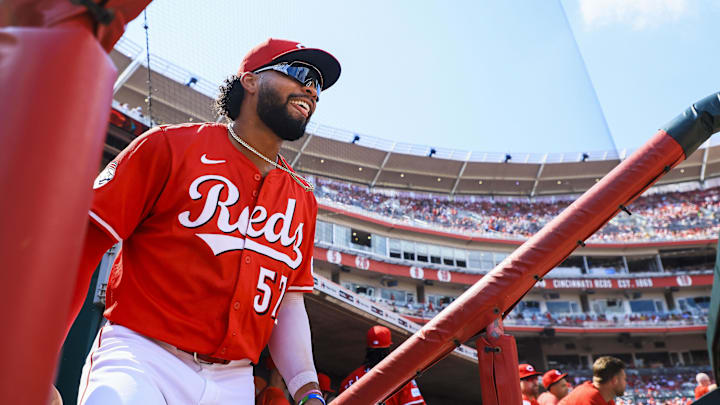 Jun 28, 2025; Cincinnati, Ohio, USA; Cincinnati Reds outfielder Rece Hinds (57) runs onto the field before the game against the San Diego Padres at Great American Ball Park. Mandatory Credit: Katie Stratman-Imagn Images