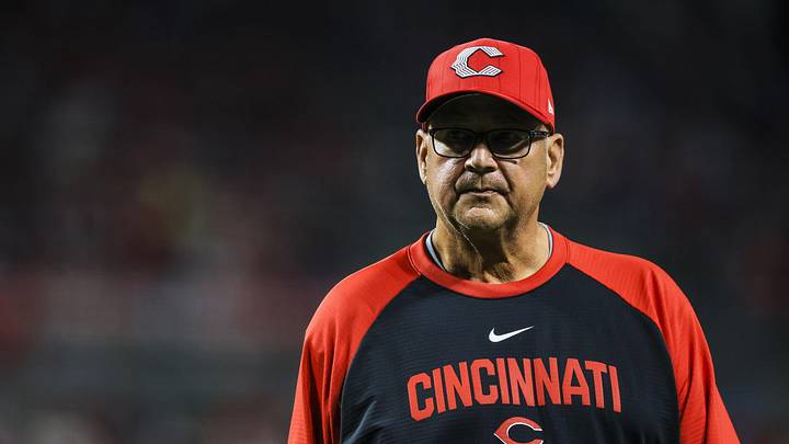 May 30, 2026; Cincinnati, Ohio, USA; Cincinnati Reds manager Terry Francona (77) walks off the field during a pitching change in the ninth inning against the Atlanta Braves at Great American Ball Park. Mandatory Credit: Katie Stratman-Imagn Images