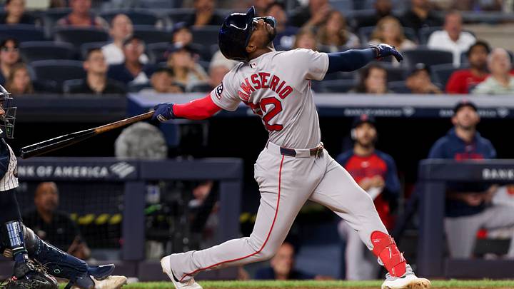 Aug 28, 2026; Bronx, New York, USA; Boston Red Sox shortstop Andruw Monasterio (32) at bat against the New York Yankees during the sixth inning at Yankee Stadium. Mandatory Credit: Tom Horak-Imagn Images