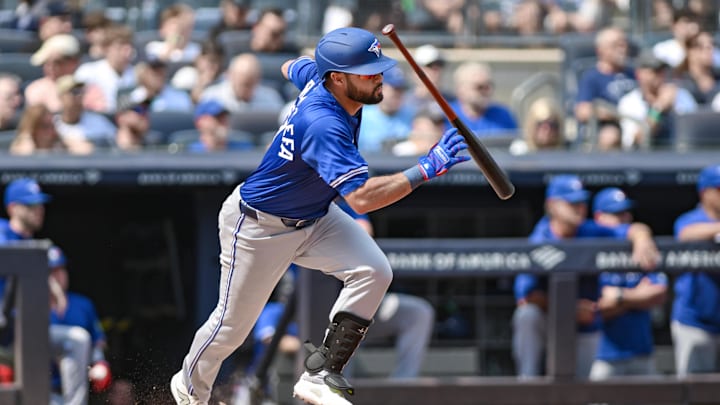 Sep 6, 2025; Bronx, New York, USA; Toronto Blue Jays shortstop Isiah Kiner-Falefa (7) drives in a run after reaching first base on a fielders choice during the fourth inning against the New York Yankees  at Yankee Stadium. Mandatory Credit: John Jones-Imagn Images